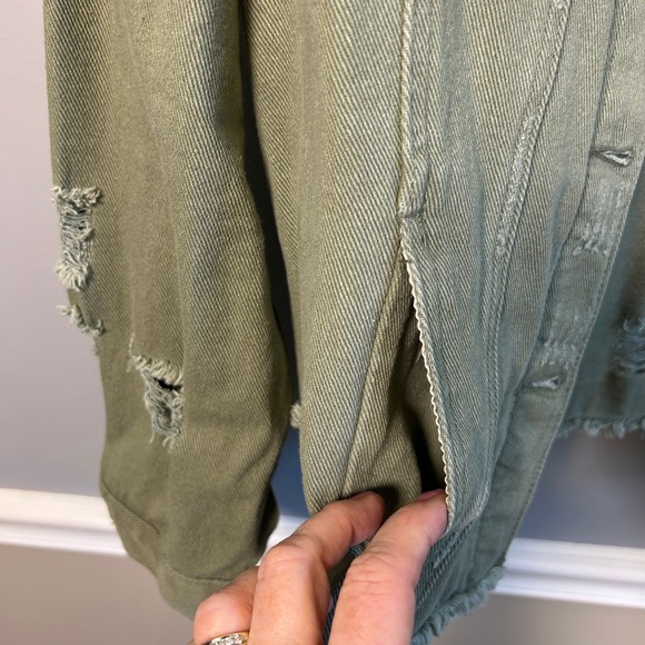 Olive Sage Green M Distressed Denim Trucker Jacket Frayed Hem Utility Grunge - Picture 7 of 11